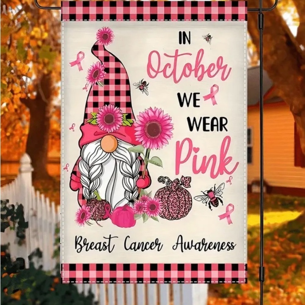 Breast Cancer Awareness Cute Gnome Garden Flag